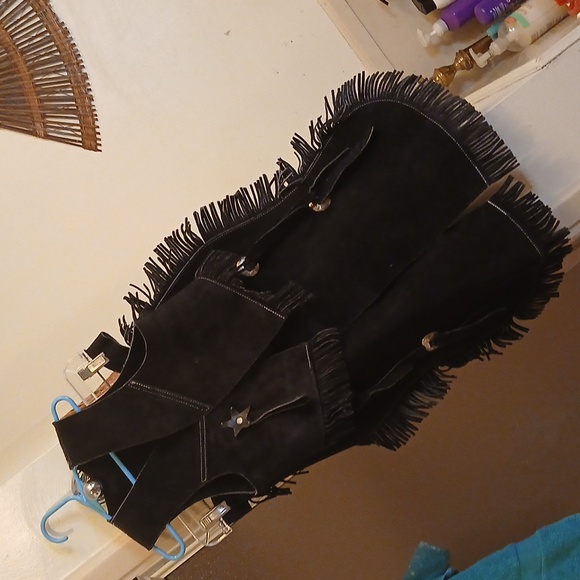 Fringed Black Kids Suede Leather Vest And Chaps . Kids. Sz6-.8 Approx - Picture 1 of 8